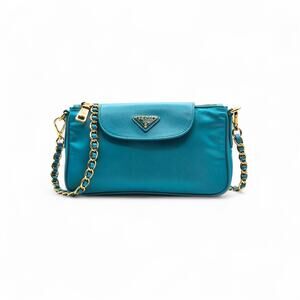 Prada Nylon and Leather Chain Shoulder Bag in Turquoise Blue - New $2250